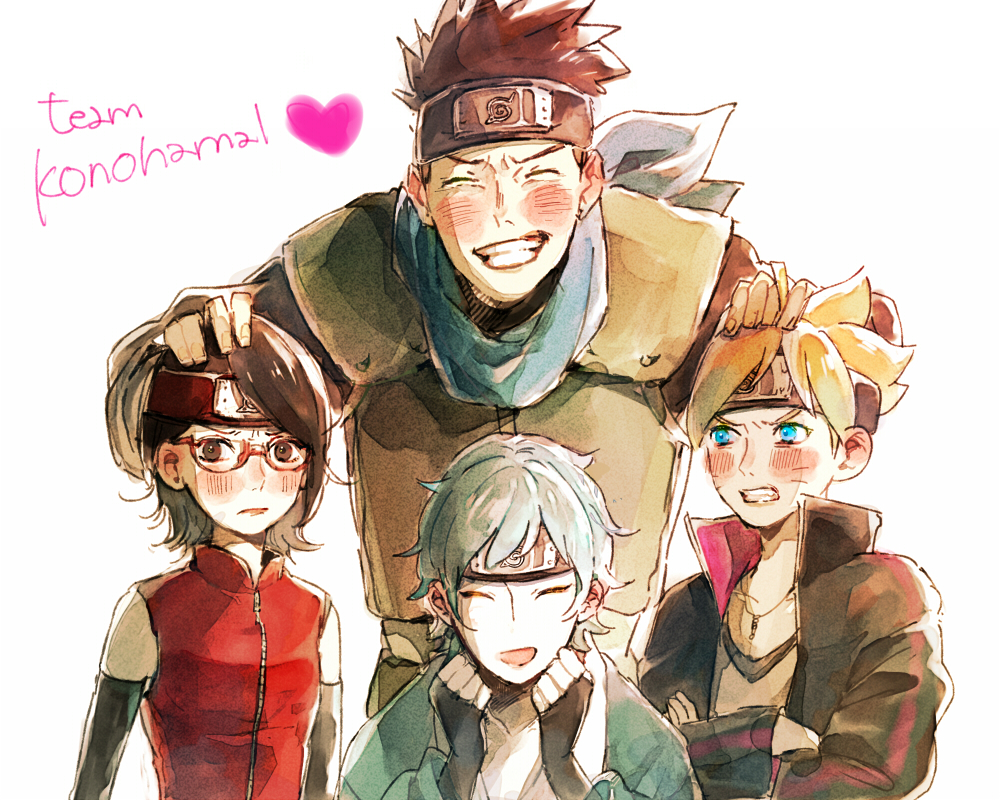 1girl, 3boys, blush, boruto:_the_movie, forehead_protector, glasses, mitsuki_(naruto), multiple_boys