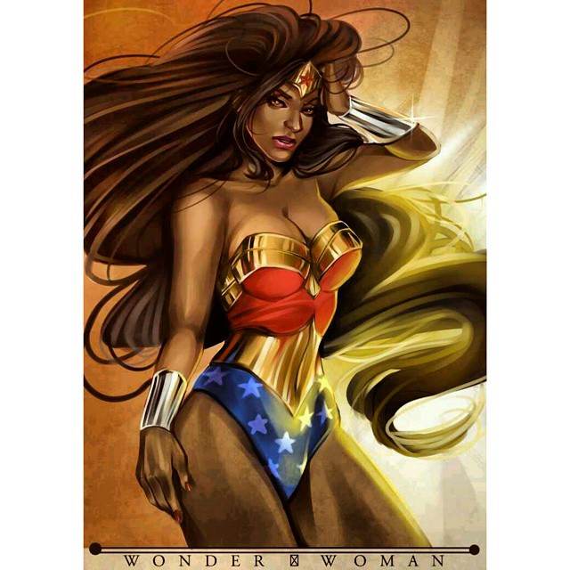 1girl, belt, brown_eyes, dark_skin, dc_comics, gradient, gradient_background, leotard, long_hair, nubia, solo, strapless, tiara, vambraces, wonder_woman_(series)