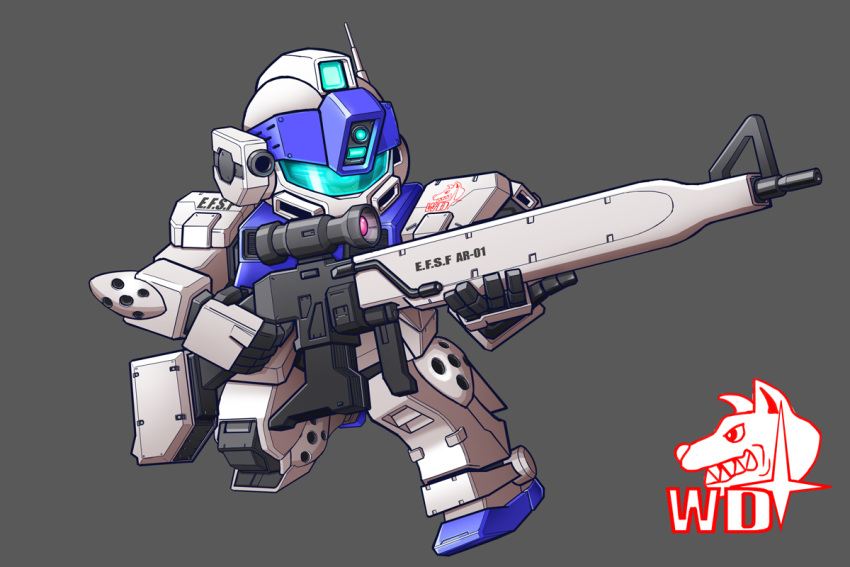animal, chibi, dingo, gm_sniper_ii, gun, gundam, gundam_side_story:_rise_from_the_ashes, kneeling, mecha, no_humans, rifle, scope, simple_background, sniper_rifle, solo, tamasi, weapon
