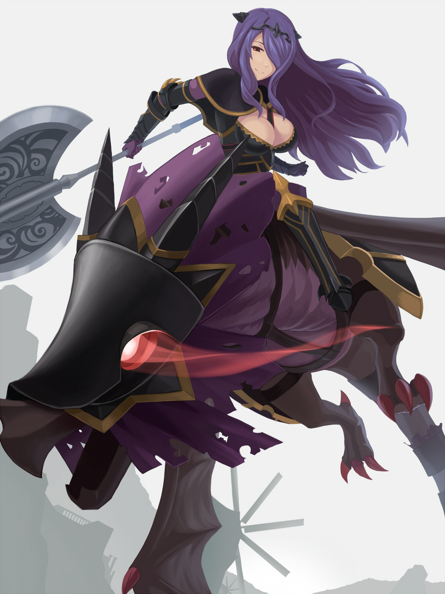 1girl, armor, axe, bad_id, breasts, camilla_(fire_emblem_if), cleavage, dragon, fire_emblem, fire_emblem_if, flying, glowing, glowing_eyes, hair_over_one_eye, highres, hope_of_sky, long_hair, looking_at_viewer, marzia_(fire_emblem_if), purple_hair, riding, simple_background, solo, tiara, weapon, wings