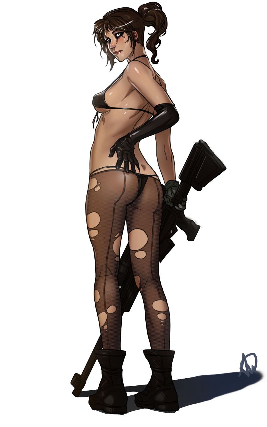 1girl, ass, bikini, black_gloves, brown_hair, facial_mark, full_body, ganassa
