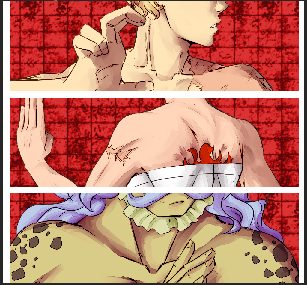 1girl, 2boys, border, facial_hair, fighting_stance, hack_(one_piece), koala_(one_piece), monster_boy, multiple_boys, mustache, one_piece, purple_hair, sabo_(one_piece), scar, tattoo, trio