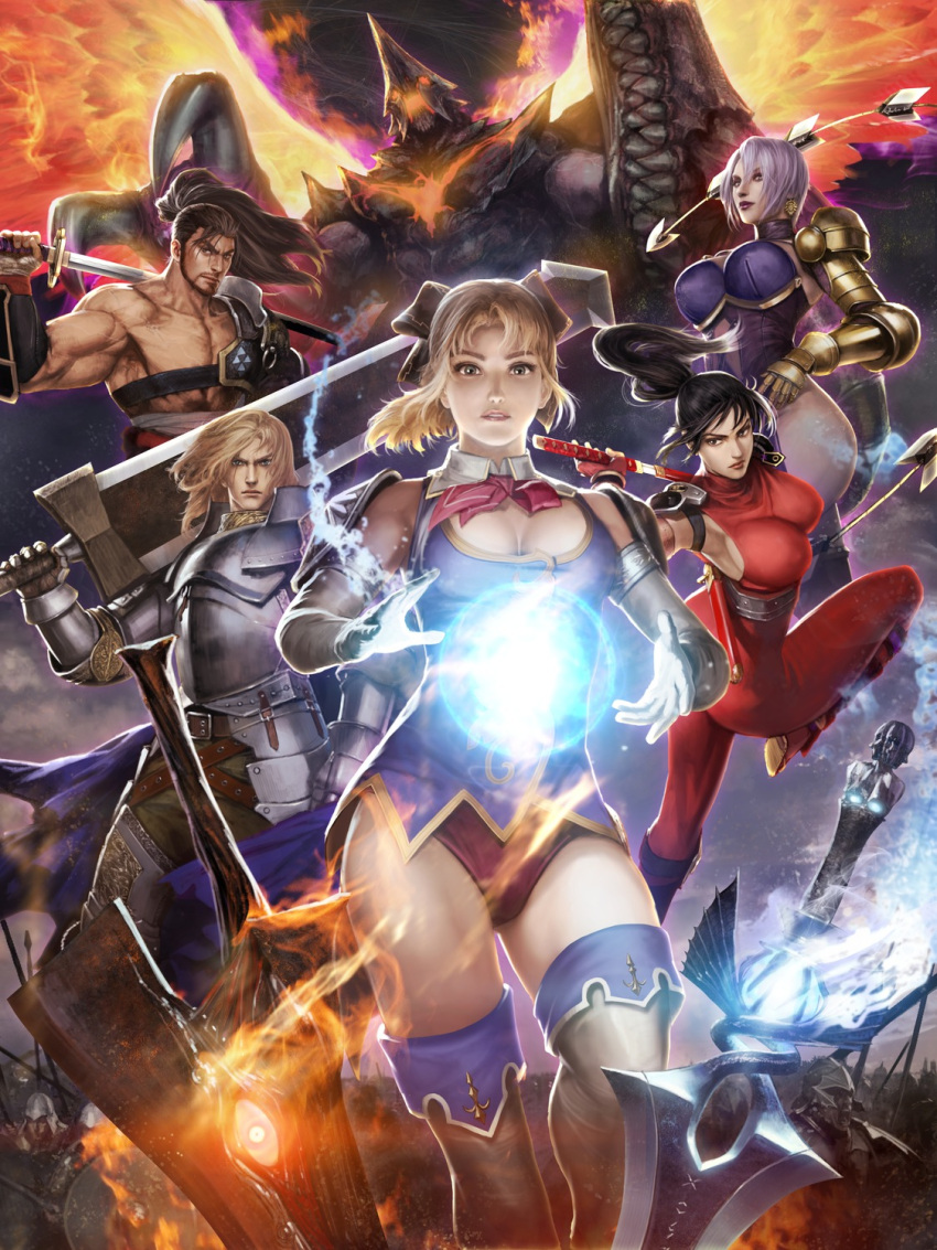 3boys, 3girls, armor, bodysuit, breasts, cassandra_alexandra, epic, huge_breasts