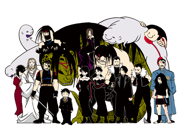 4girls, 6+boys, black_hair, blunt_bangs, bob_cut, dante_(fma), dual_persona, envy