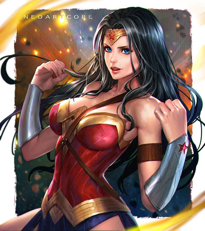 1girl, amazon, black_hair, blue_eyes, breasts, dawn_of_justice, dc_comics, dccu