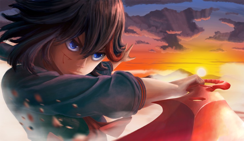 1girl, arm_up, black_hair, blood, blue_eyes, cut, kill_la_kill, matoi_ryuuko, mountain, multicolored_hair, outdoors, scissor_blade, senketsu, short_hair, sky, solo, sun, sunlight, sunset, suspenders, sword, two-tone_hair, upper_body, weapon