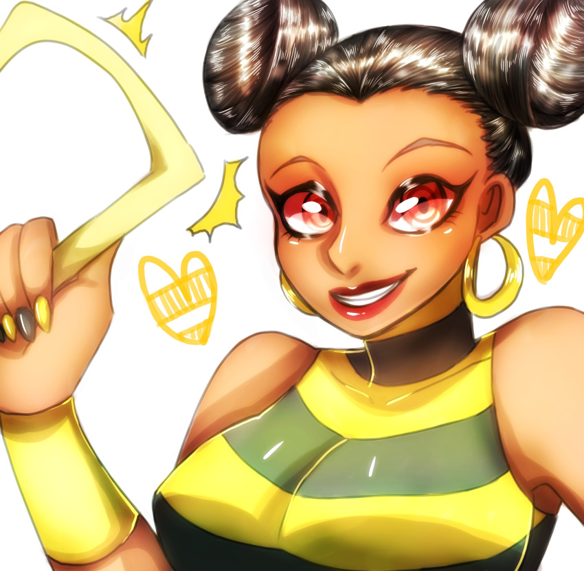 1girl, black_hair, brown_eyes, bumble_bee, dark_skin, dc_comics, double_bun, karen_beecher