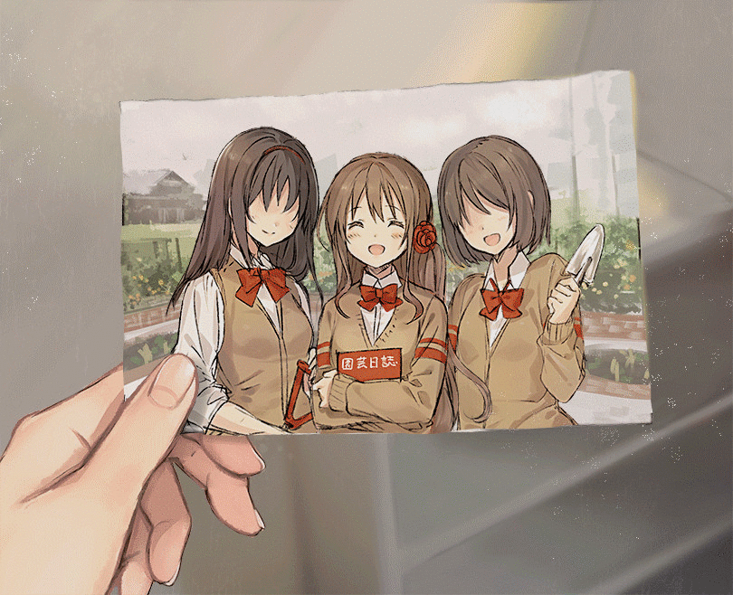 3girls, 404, :d, animated, animated_gif, back_to_the_future, bow, brown_hair