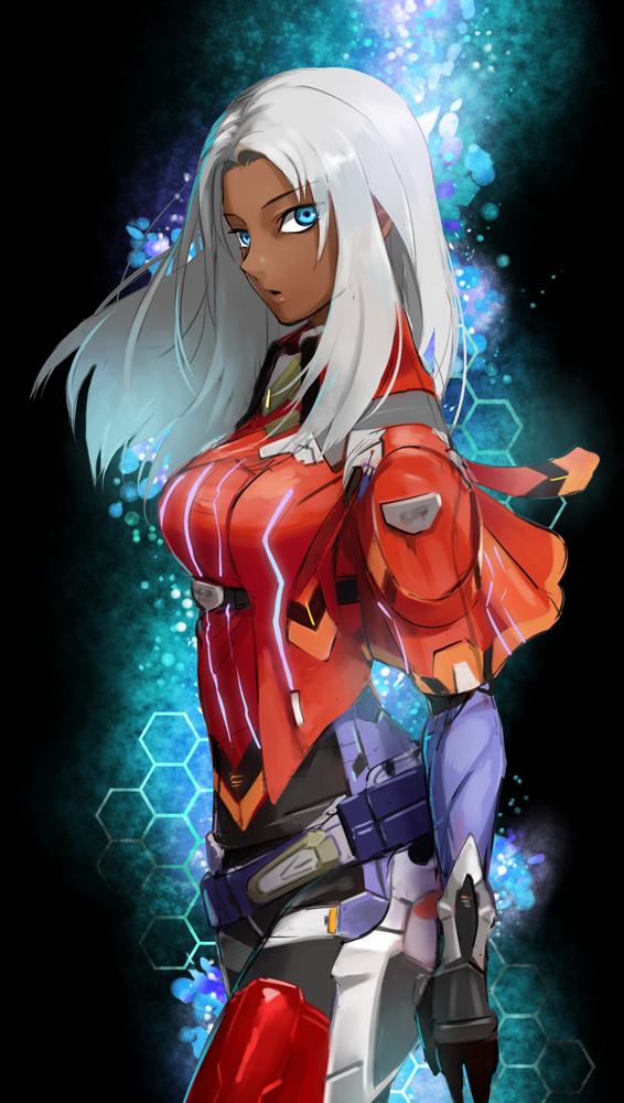 1girl, armor, blue_eyes, breasts, dark_skin, elma_(xenoblade_x), female, gradient, gradient_background, honeycomb_background, honeycomb_pattern, long_hair, mikami, nintendo, open_mouth, solo, white_hair, xenoblade_chronicles_x