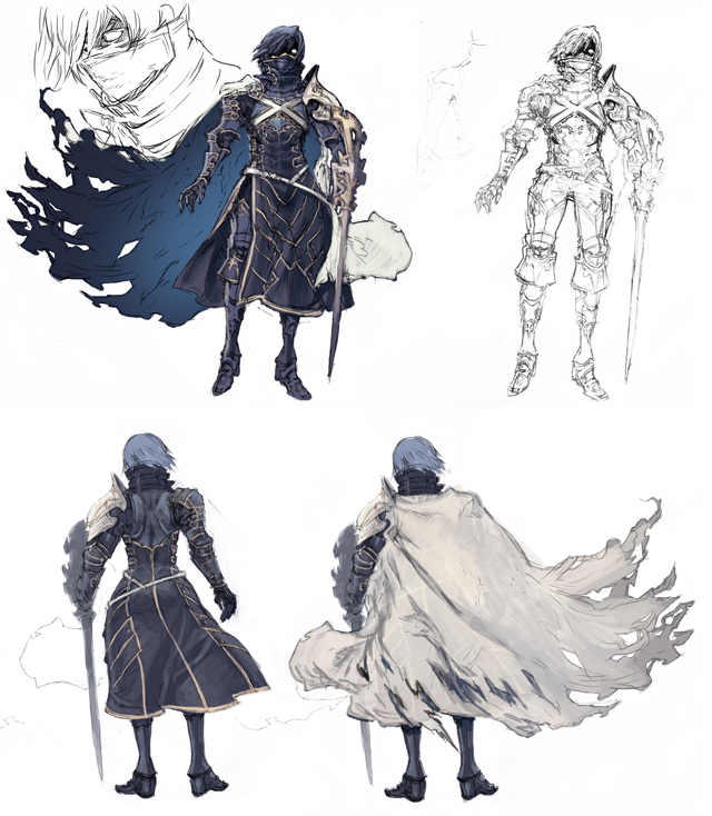 1boy, armor, atlus, blue_hair, cape, concept_art, genei_ibunroku_#fe, krom_(gir#fe)