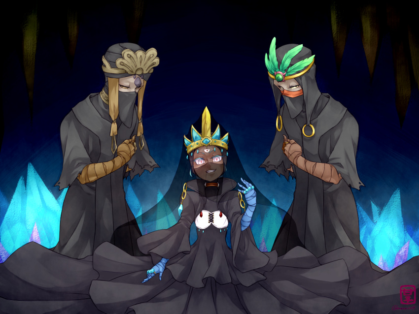 1girl, 2boys, amaco4, arabian_clothes, arabic, bandage, brown_sclera, crown