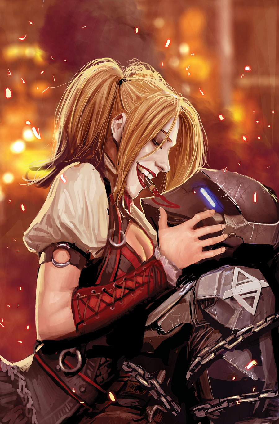 1girl, arkham_knight, armor, batman:_arkham, batman_(series), breasts, chains, cleavage, dc_comics, gradient, gradient_background, harley_quinn, jason_todd, lipstick, makeup, power_armor, smile, twintails