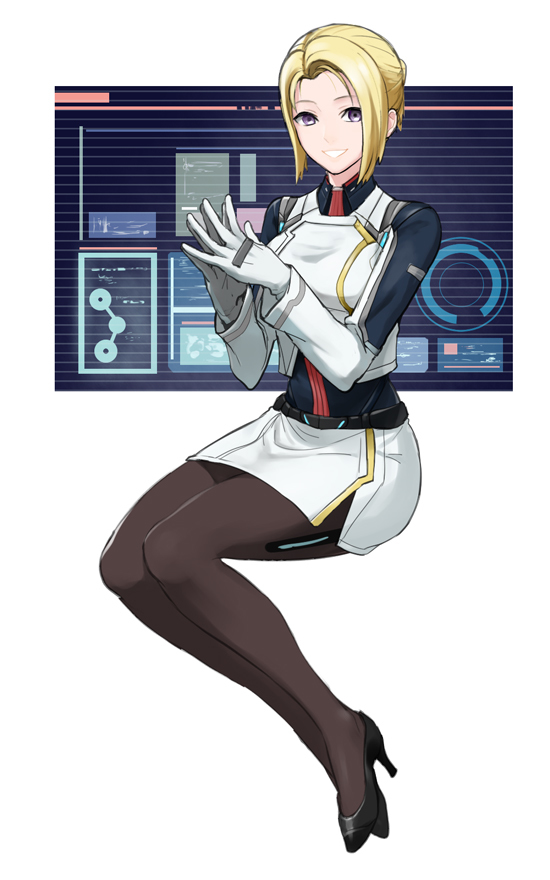 1girl, black_legwear, black_shoes, blonde_hair, blue_eyes, breasts, eleonora_(xenoblade_x), female, full_body, grin, high_heels, long_hair, long_sleeves, looking_at_viewer, mikami, miniskirt, nintendo, pantyhose, shoes, simple_background, sitting, skirt, smile, solo, uniform, xenoblade_chronicles_x