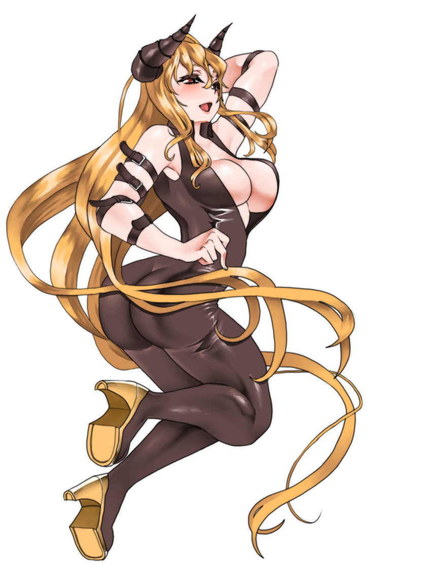 1girl, ass, blonde_hair, bodysuit, breasts, brown_eyes, cleavage, demon_girl