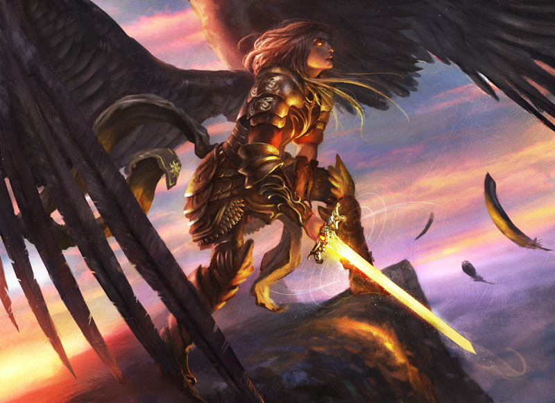 1girl, angel, armor, battle_armor, black_wings, cliffs, feathers, female