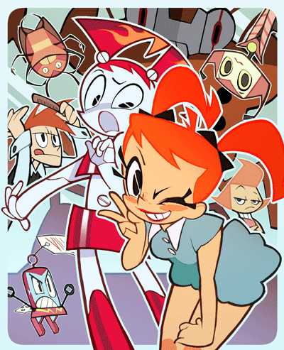 artist_request, brad_carbunkle, jennifer_wakeman, looking_at_viewer, my_life_as_a_teenage_robot, orange_hair, robot, robot_girl, simple_background, twintails, vega_(my_life_as_a_teenage_robot)