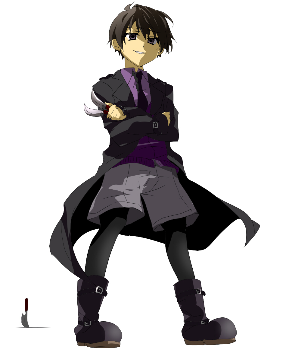 1boy, black_jacket, boots, child, jacket, kiriya_gymno, knife, long_coat