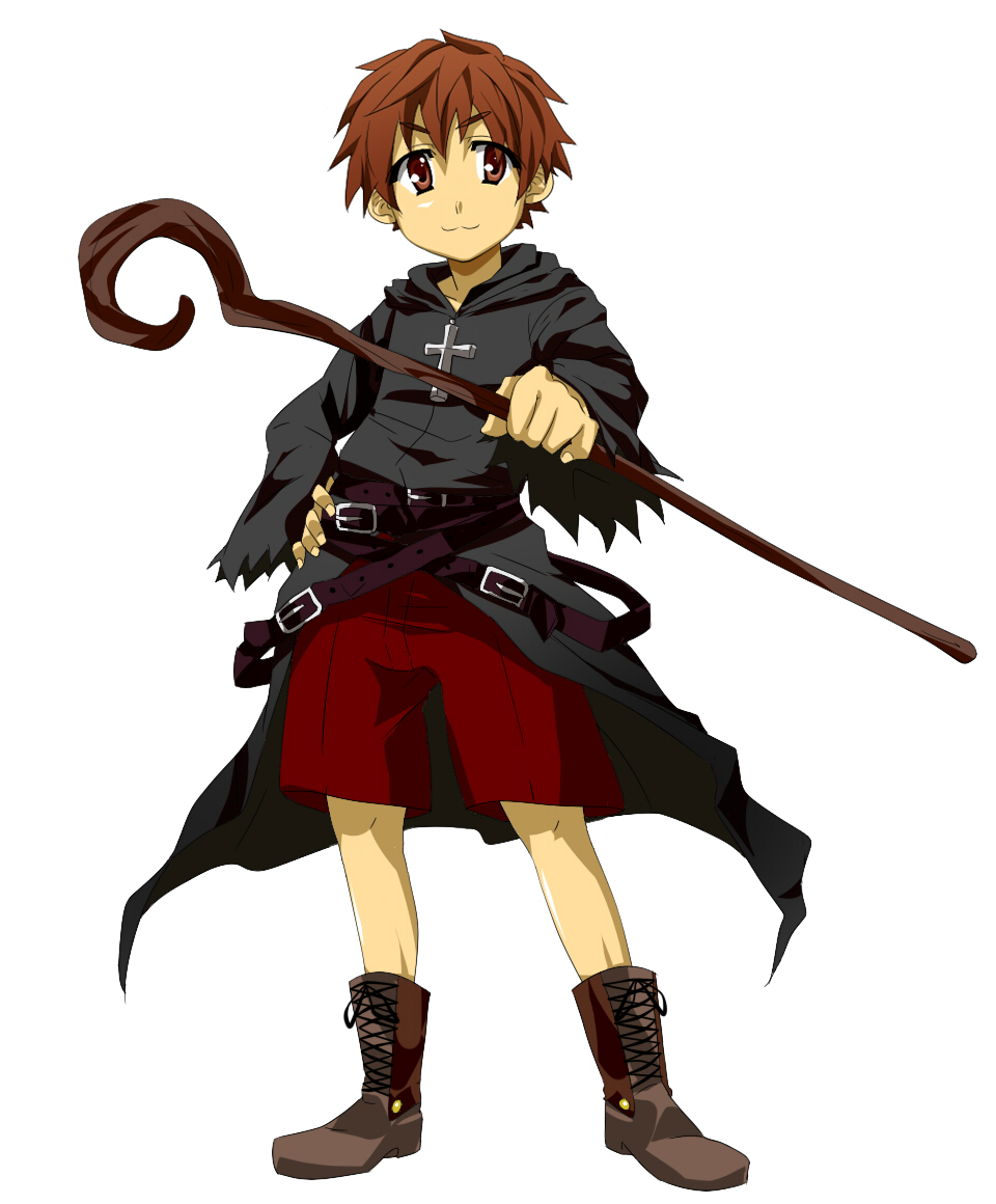 1boy, belts, child, cross, cross_necklace, fire, fireball, kiriya_gymno, male_focus, matching_hair/eyes, orange_eyes, orange_hair, robe, school_boys!, shepherd's_crook, simple_background, smile, solo, yuuhi_(school_boys!)