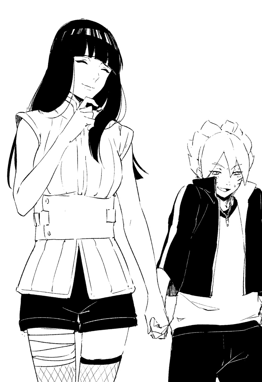 1boy, 1girl, closed_eyes, embarrassed, hand_holding, hyuuga_hinata, monochrome, mother_and_son