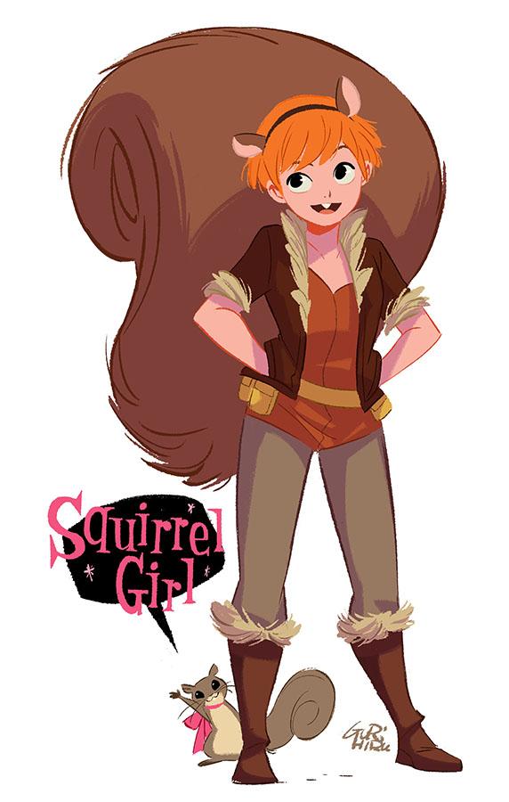 1girl, gurihiru, marvel, orange_hair, simple_background, squirrel, squirrel_girl_(marvel), tippy_toe_(marvel)