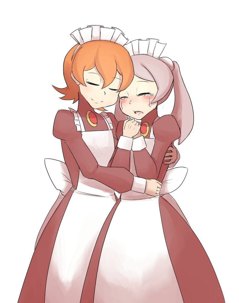 2girls, apron, bloody_marie_(skullgirls), closed_eyes, crying, female, grey_hair, hug