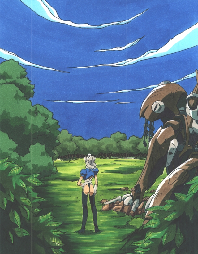 1girl, albert_denomikeldy, ass, boots, clouds, forest, from_behind, grass, kimura_takahiro, leotard, long_boots, mecha, nature, outdoors, pc_engine, puffy_sleeves, revealing_clothes, short_sleeves, sky, standing, steam_hearts, thigh_boots, thong_leotard, tree