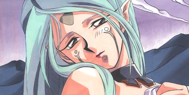 1girl, clouds, female, green_hair, grey_eyes, kimura_takahiro, lips, looking_at_viewer, pc_engine, pointy_ears, proto_nirvana, sky, solo, steam_hearts, tattoo