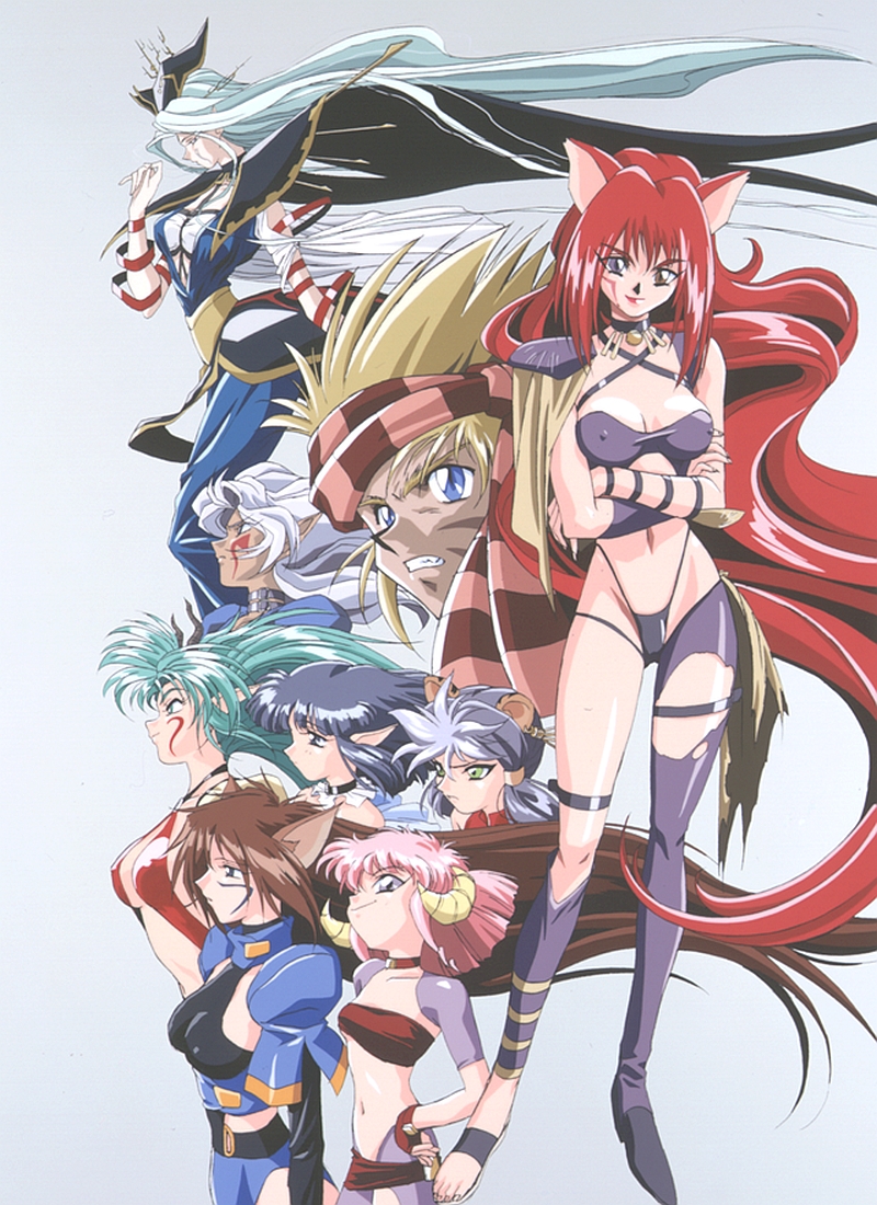 1boy, albert_denomikeldy, asymmetrical_clothes, bare_shoulders, bell, black_hair, blondia_varady, blue_eyes, bodysuit, breasts, brother_and_sister, brown_hair, cat_ears, chelno_vastuuga, choker, cleavage, collar, corset, earring, everyone, fallandia_varady, female, fingerless_gloves, gloves, goat_horns, green_eyes, green_hair, grey_hair, hat, headband, heterochromia, homay_keifletty, horns, kimura_takahiro, layfang_yurifneuty, lipstick, long_gloves, long_hair, makeup, midriff, multicolored_hair, multiple_girls, navel, nipples, pants, pc98, pointy_ears, proto_nirvana, purple_hair, red_lips, redhead, robe, shadow, short_hair, siblings, side_view, sierra_kixley, simple_background, skin_tight, standing, steam_hearts, strap, tattoo, thighs, tubetop, violet_eyes, yea_taltekisans