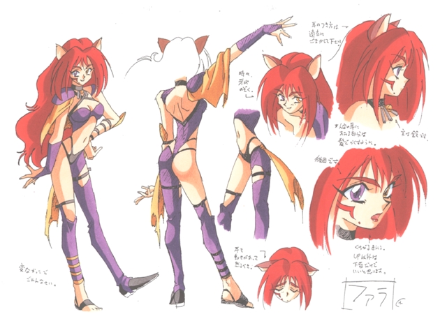 1girl, ass, asymmetrical_clothes, bell, breasts, cat_ears, concept_art, fallandia_varady, female, heterochromia, kimura_takahiro, lipstick, long_hair, makeup, midriff, navel, pc_engine, red_lips, redhead, simple_background, solo, steam_hearts, tattoo