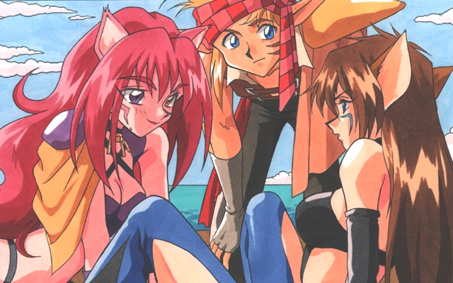 1boy, 2girls, bandanna, bell, bending, blondia_varady, blue_hair, breasts