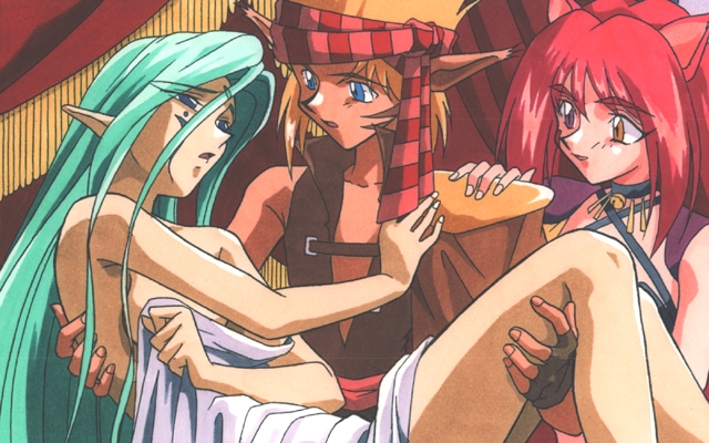 1boy, 2girls, bare_shoulders, bed_sheet, bell, blondia_varady, blue_eyes, breasts