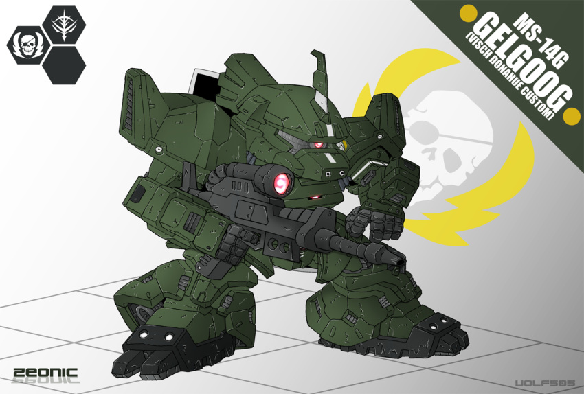 artist_name, chibi, eyepatch, gelgoog, ground_gelgoog, gun, gundam, gundam_side_story:_rise_from_the_ashes, mecha, no_humans, skull, solo, volf505, weapon