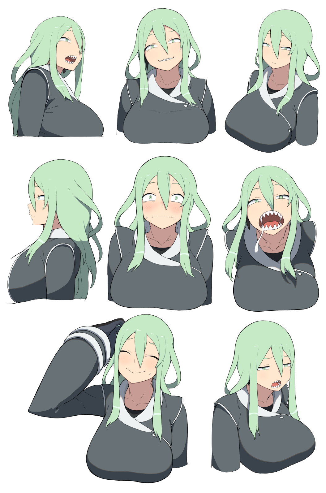 1girl, accho_(macchonburike), blush, breasts, closed_eyes, coat, expressions, female, frown, gloves, gluttony_(deadly_sins), green_eyes, green_hair, grin, highgain_(accho), highres, large_breasts, long_hair, multiple_views, open_mouth, pixiv_fantasia, pixiv_fantasia_t, saliva, seven_deadly_sins, sharp_teeth, simple_background, slit_pupils, smile, solo, surprised, teeth, tongue, white_background