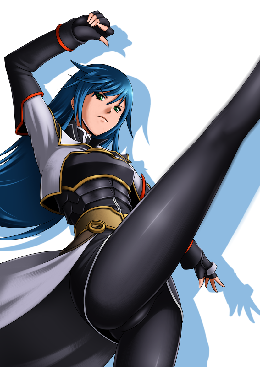 1girl, armor, ass, blue_hair, breastplate, fingerless_gloves, from_below, gloves