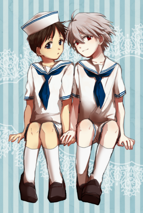2boys, :o, albino, blue_eyes, brown_hair, child, gainax, grey_hair
