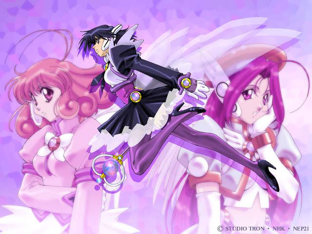 3girls, 90s, ahoge, beret, black_hair, corrector_yui, dress, female
