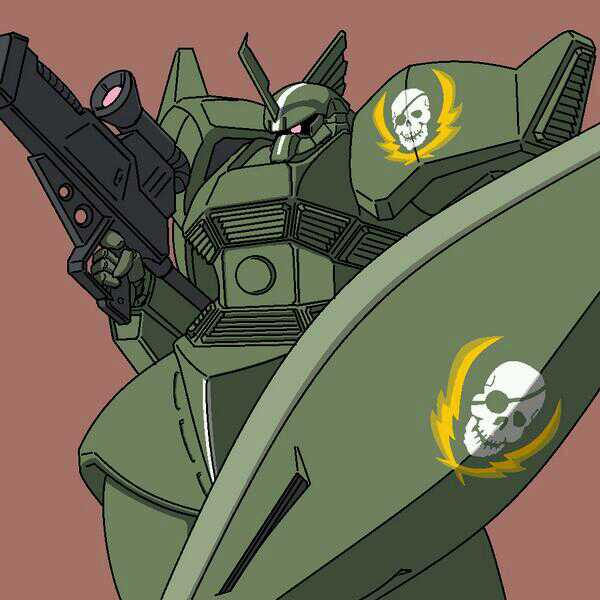 artist_request, eyepatch, gelgoog, ground_gelgoog, gun, gundam, gundam_side_story:_rise_from_the_ashes, mecha, no_humans, shield, simple_background, skull, solo, weapon