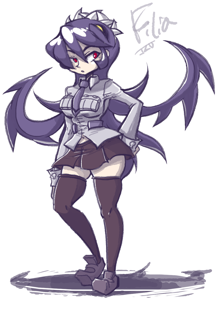 1girl, breasts, filia_(skullgirls), long_hair, navel, necktie, purple_hair, red_eyes