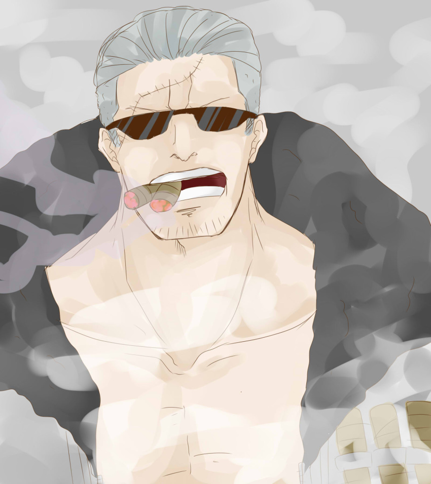 1boy, cigar, gradient, gradient_background, grey_hair, jacket, male_focus, marine