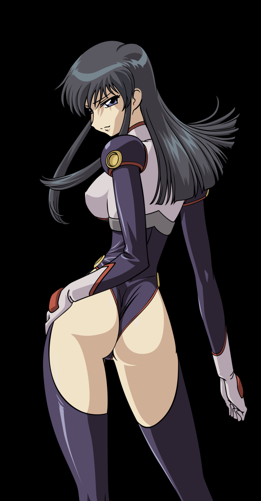 00s, 1girl, ass, back, backboob, black_hair, blue_eyes, breasts, female, fujimura_shizuru, hand_on_hip, large_breasts, leotard, long_hair, looking_at_viewer, looking_back, shinkon_gattai_godannar!!, simple_background, solo