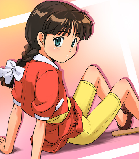1girl, amano_haruka, blue_eyes, braid, haruyama, no_socks, ribbon, solo