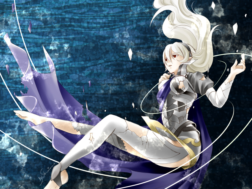 1girl, armor, barefoot, breasts, broken_armor, cape, fire_emblem, fire_emblem_if, gradient, gradient_background, hairband, haku_rei, my_unit_(fire_emblem_if), pointy_ears, silver_hair, solo, toeless_legwear