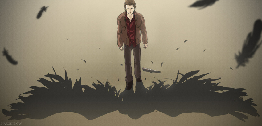 1boy, brown_hair, feathers, gabriel, gradient, gradient_background, shadow, solo