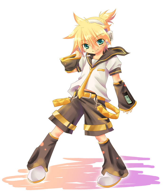 blonde_hair, detached_sleeves, green_eyes, hand_on_headphones, hashi_moto, headphones, headset, kagamine_len