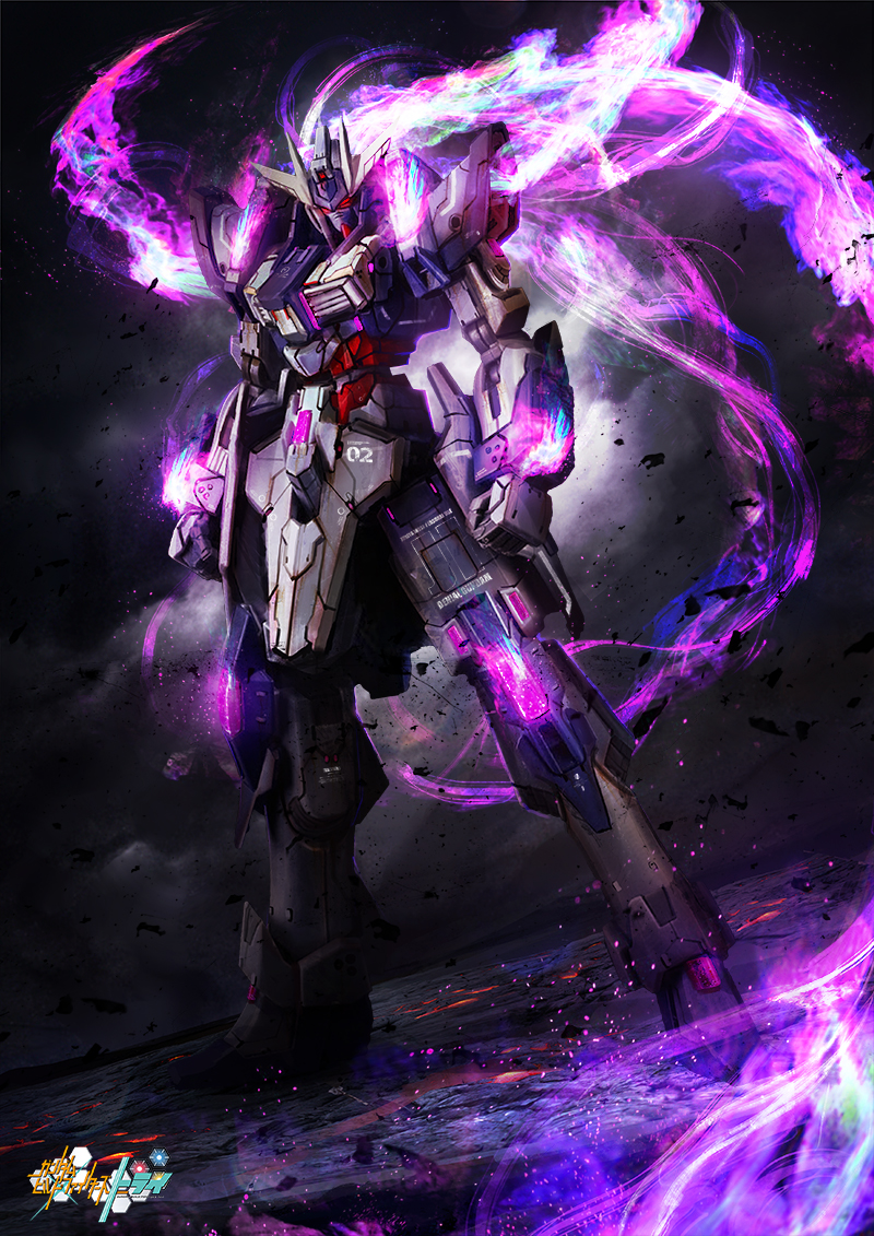 aura, daniel_kamarudin, denial_gundam, full_body, glowing, glowing_eyes, gradient, gradient_background, gundam, gundam_build_fighters, gundam_build_fighters_try, looking_at_viewer, mecha, smoke, standing