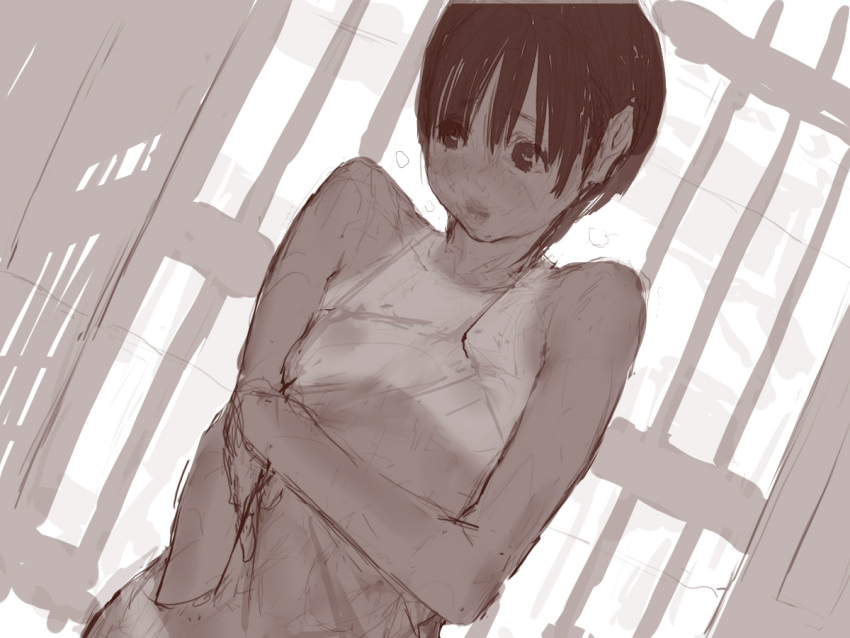 1girl, monochrome, mumaya, short_hair, solo, tagme