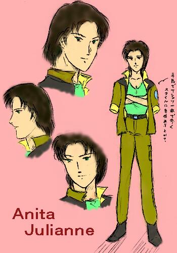 1girl, anita_julianne, character_name, character_sheet, crossed_arms, female, flat_color, gundam, gundam_side_story:_rise_from_the_ashes, military, military_uniform, simple_background, solo, uniform