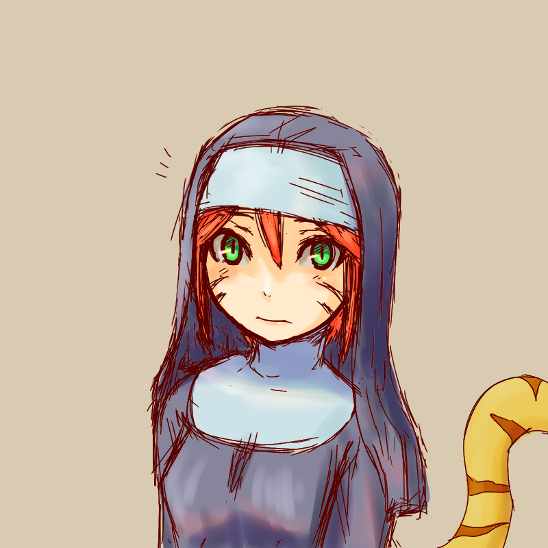 1girl, breath_of_fire, cat_tail, green_eyes, looking_at_viewer, nun, orange_hair, rinpoo_chuan, simple_background, solo, tail, torisei8