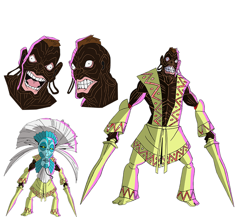 1boy, bare_shoulders, brown_hair, character_sheet, clenched_teeth, concept_art, dark_skin, expressions