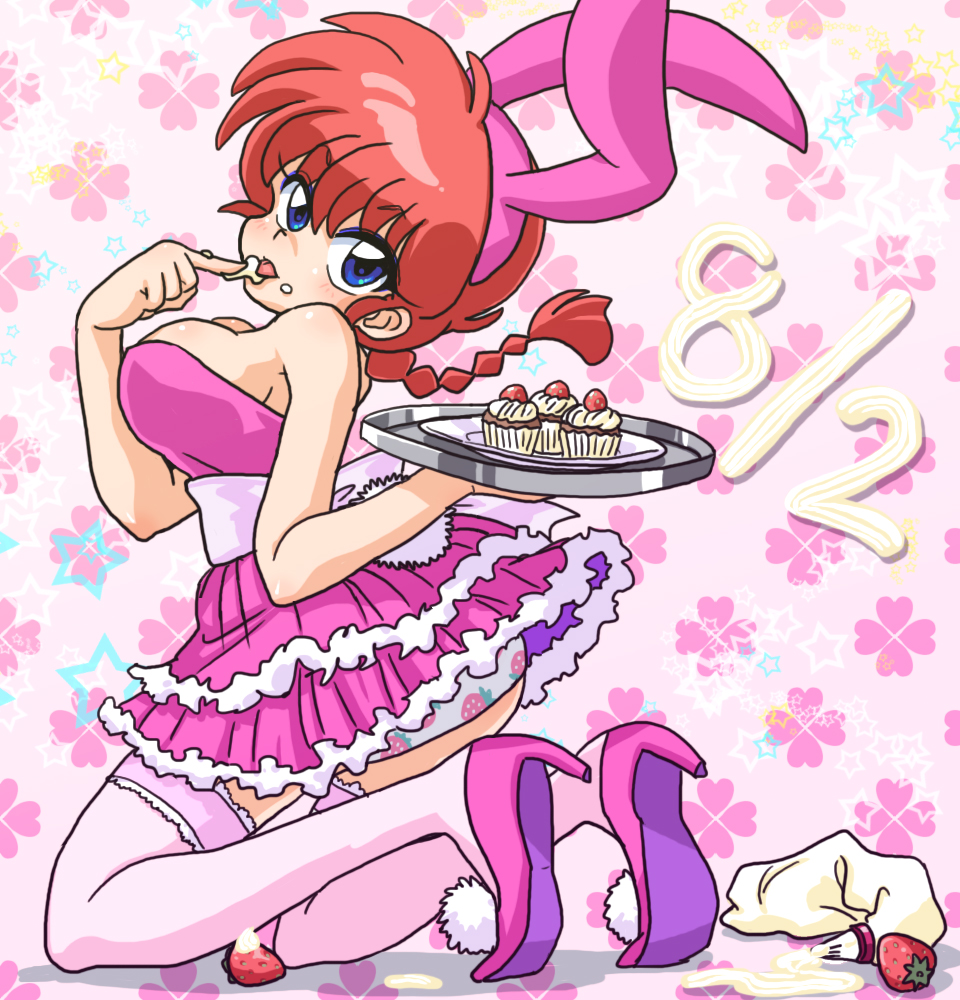 1girl, animal_ears, blue_eyes, braid, breasts, cupcake, dessert, dress